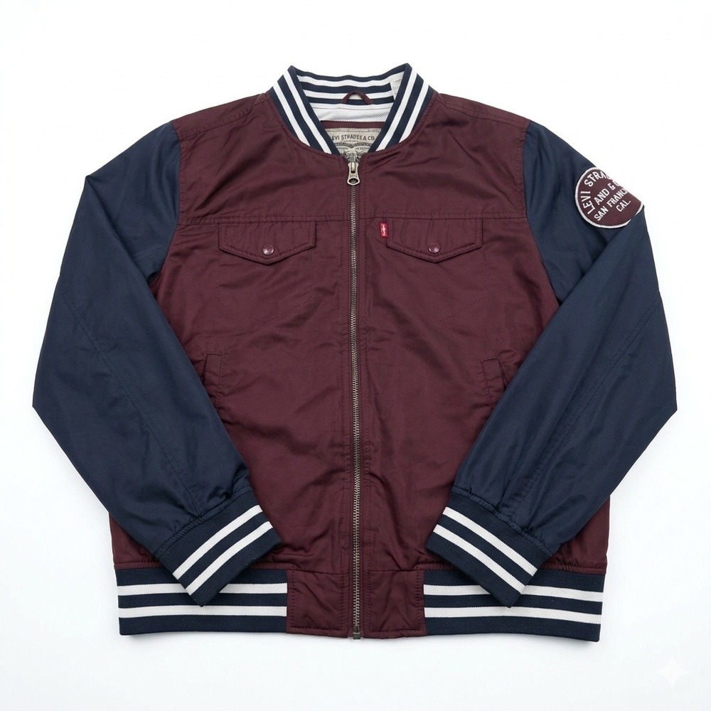 Levi's Men's Varsity Bomber Jacket Size L Burgundy‎ Navy Blue Patch Mesh Lined